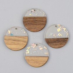 Transparent Resin & Walnut Wood Pendants, with Paillette/Sequin, Flat Round, Clear, 28x3mm, Hole: 2mm(RESI-S389-025A-E01)