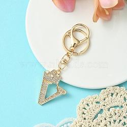 Golden Alloy Rhinestone Keychain, with Alloy Clasp and Iron Rings, Letter V, 10cm, Pendant: 43mm(KEYC-YW00105-22)