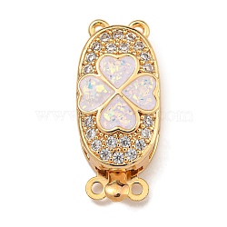 Brass Micro Pave Cubic Zirconia Box Clasps, with Resin, Oval with Clover, 2-Strand, 4-Hole, Real 18K Gold Plated, 23.5x10.5x7mm, Hole: 1.2mm(KK-U037-21G)