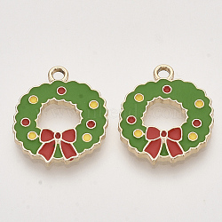 Christmas Theme, Alloy Enamel Pendants, Light Gold, Wreath, Green, 20x17.5x1.5mm, Hole: 2mm(X-ENAM-S119-009B)