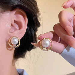 Alloy Stud Earrings, with Imitation Pearl Beads and 925 Sterling Silver Pins, Golden, Round(FS-WGE0AD6-44)