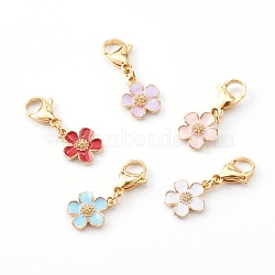 Zinc Alloy Enamel Pendants, with Golden 304 Stainless Steel Lobster Claw Clasps, Flower, Mixed Color, 31mm, Flower: 15.5x13x2.5mm(HJEW-JM00432)