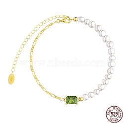 Natural Freshwater Pearls Beaded Bracelets with Cubic Zirconia Rectangle Link, 925 Sterling Silver Figaro Chains Bracelets for Women, with S925 Stamp, Olive, 6-1/4 inch(16cm)(BJEW-I314-137)