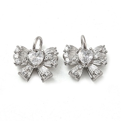 Brass with Glass Rhinestone Charms, with Jump Rings, Heart Bowknot, Real Platinum Plated, 10x12x4mm, Hole: 3.2mm(KK-H455-17P)