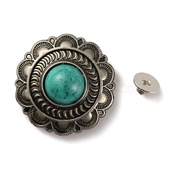 Alloy Buttons, with Synthetic Turquoise, DIY Accessaries, Flat Round with Flower, Dark Turquoise, 25x11mm, Hole: 2.5mm(FIND-WH0108-43AS-04)