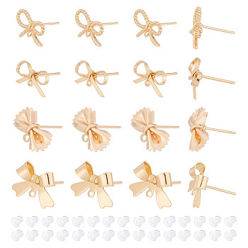 16Pcs 4 Styles Brass Stud Earring Findings, with Loop, Bowknot, with 30Pcs Plastic Ear Nuts, Golden, 8~14x9~16mm, Hole: 0.7~1.2mm, 4Pcs/style