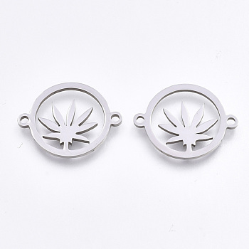 201 Stainless Steel Links connectors, Laser Cut Links, Flat Round with Pot Leaf/Hemp Leaf Shape, Stainless Steel Color, 15.5x19.5x1mm, Hole: 1.5mm