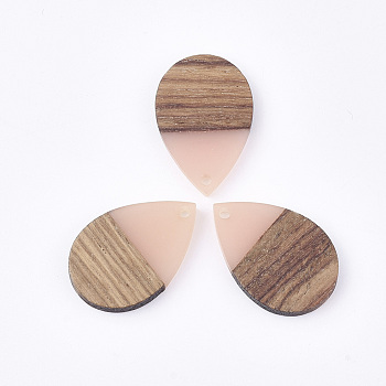 Resin & Walnut Wood Pendants, Teardrop, Misty Rose, 28x19x3.5mm, Hole: 2mm