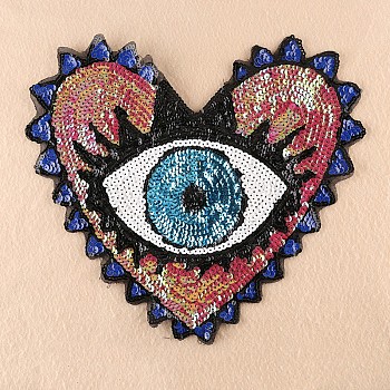 Computerized Embroidery Cloth Sew On Patches, Costume Accessories, Paillette Appliques, Heart with Eye, Deep Pink, 31x35cm