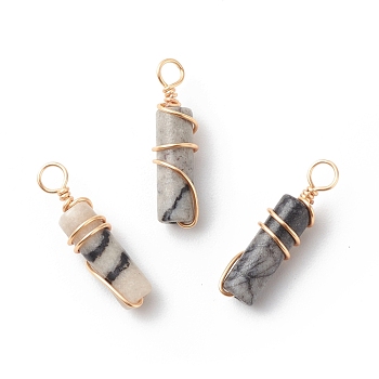 Natural Netstone Pendants, with Golden Tone Copper Wire Wrapped, Column Charm, 18.5~20x5~5.5mm, Hole: 2.5mm