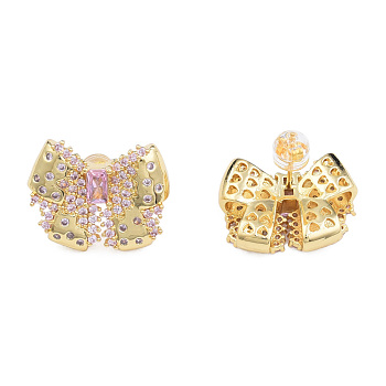 Cubic Zirconia Bowknot Stud Earrings, Golden Brass Jewelry for Women, Nickel Free, Pink, 17x20.5mm, Pin: 0.7mm
