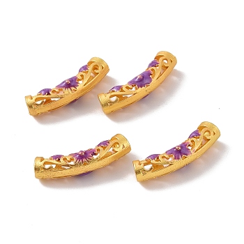 Hollow Alloy Tube Beads, with Enamel, Curved Tube, Matte Gold Color, Purple, 22.5x5mm, Hole: 3mm