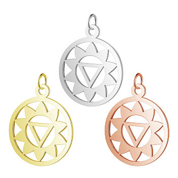 304 Stainless Steel Pendants, Chakra, Manipura, Flat Round with Flower, Mixed Color, 22.5x19x1mm, Hole: 3mm