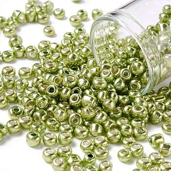 6/0 Glass Seed Beads, Metallic Colours Style, Round, Dark Khaki, 6/0, 4mm, Hole: 1.5mm, about 4500pcs/pound
