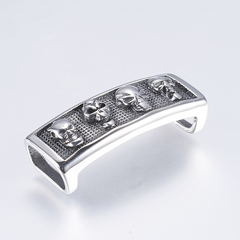 304 Stainless Steel Slide Charms, Rectangle with Skull, Antique Silver, 15x40x11.5mm, Hole: 7x12.5mm