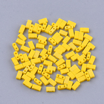 2-Hole Opaque Glass Seed Beads, Frosted, Rectangle, Gold, 4.5~5.5x2x2~2.5mm, Hole: 0.5~0.8mm