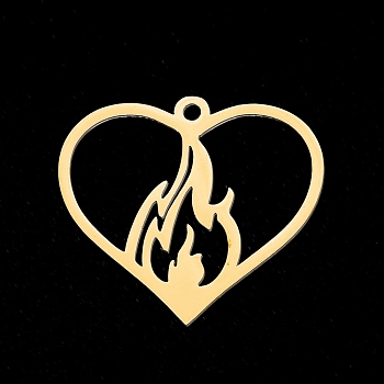 201 Stainless Steel Pendants, Laser Cut, Heart with Flame, Golden, 25.5x28x1mm, Hole: 1.8mm