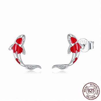Rhodium Plated 925 Sterling Silver Stud Earrings, with Cubic Zirconia and Ear Nuts, Koi, Platinum, 12x12mm