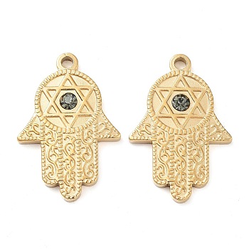 304 Stainless Steel Pendants, with Glass Rhinestone, Real 14K Gold Plated, Hamsa Hand with Star of David Charms, Greige, 28.5x19x3mm, Hole: 2.2mm