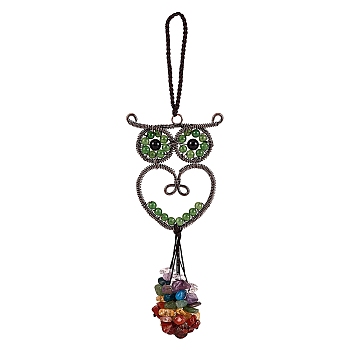 1Pc Natural Green Aventurine Big Pendant Decorations, with Brass Findings, Owl, Cadmium Free & Lead Free, with 1Pc Rectangle Velvet Pouches, 173mm