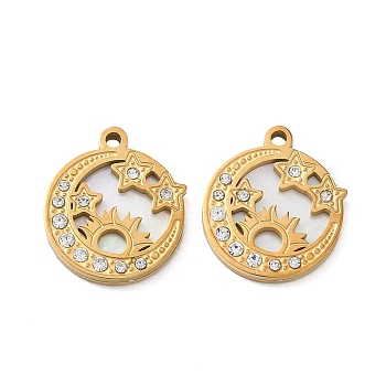 304 Stainless Steel & Natural Shell & Rhinestone Pendants, Golden, Ion Plating(IP), Long-Lasting Plated, Flat Round with Sun & Star, 17.5x15x2mm, Hole: 1.5mm