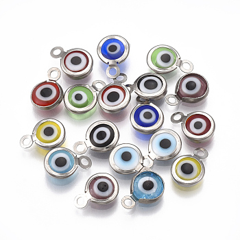 Handmade Lampwork Charms, with 304 Stainless Steel Findings, Flat Round with Evil Eye, Stainless Steel Color, 9.5x6.5x2.5mm, Hole: 1.5mm