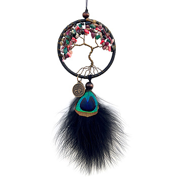 Wrapped Tree of Life Mixed Gemstone Pendant Decorations, Iron Woven Web/Net with Feather Car Hanging Decorations, Mixed Color, 370x70mm