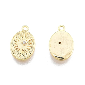 Brass Micro Pave Clear Cubic Zirconia Charms, Nickel Free, Oval with Sun Pattern, Real 18K Gold Plated, 14x9.5x2.5mm, Hole: 1.2mm