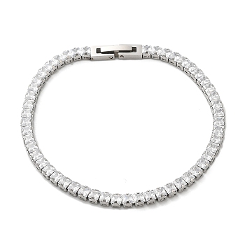Clear Cubic Zirconia Tennis Bracelet, 304 Stainless Steel Square Link Chain Bracelet, Stainless Steel Color, 7-1/2 inch(19~19.2cm)