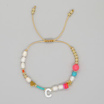 Initial Letter Natural Pearl Braided Bead Bracelet, Adjustable Bracelet, Letter C, 11 inch(28cm)