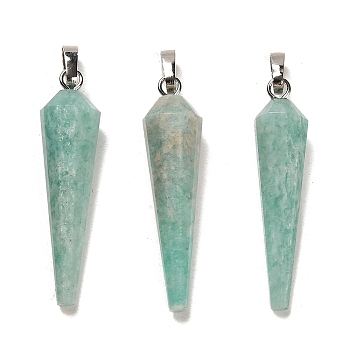 Natural Amazonite Pointed Pendants, Faceted Cone Charms with Platinum Plated Barss Snap on Bails, 35~35.5x8~8.5mm, Hole: 6.5x4mm