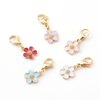 Zinc Alloy Enamel Pendants, with Golden 304 Stainless Steel Lobster Claw Clasps, Flower, Mixed Color, 31mm, Flower: 15.5x13x2.5mm