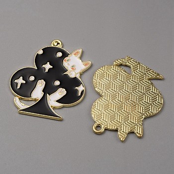 Alloy Enamel Pendants, Playing Card with Cat Charms, Light Gold, Club, 32.5x27.5x1mm, Hole: 1.8mm