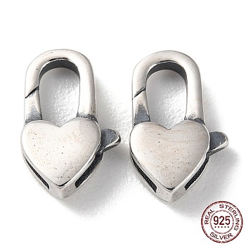 925 Thailand Sterling Silver Lobster Claw Clasps, Heart, Antique Silver, 12.5x8x3mm, Hole: 1mm
