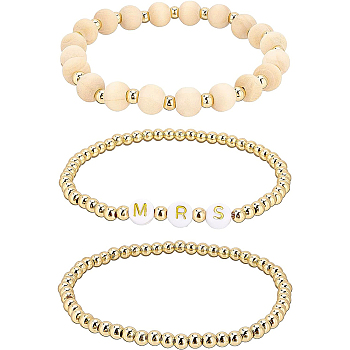 BENECREAT 6Pcs 3 Style Word Mrs Stretch Bracelets Set, Brass Beads, Natural Unfinished Wood & Brass & Acrylic Bracelets for Women, Golden, Inner Diameter: 2-1/8 inch(5.5cm), 2Pcs/style