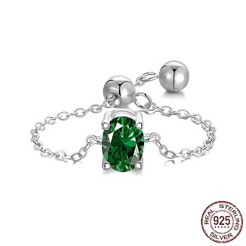 Rhodium Plated 925 Sterling Silver Rolo Chain Rings, Birthstone Ring, with Cubic Zirconia Oval for Women, Adjustable Slider Ring, Real Platinum Plated, Green, 1.2mm, US Size 7(17.3mm)
