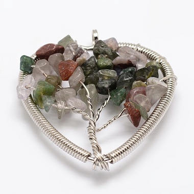 Tree of Life Natural & Synthetic Mixed Stone Bead Brass Wire Wrapped Heart Big Pendants(KK-L136-04-NR)-2