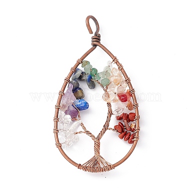 7 Chakra Teardrop Natural Mixed Stone Copper Wire Wrapped Chip Big Pendants(G-E195-11R-02)-2