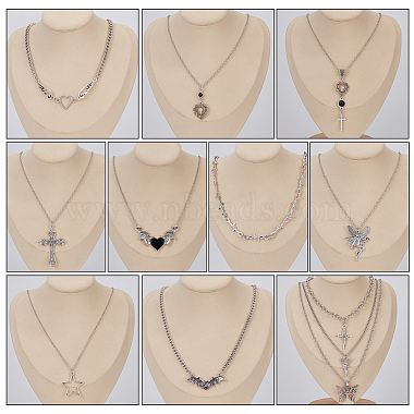 12Pcs 12 Style Heart & Cross & Butterfly & Bat Alloy Enamel Pendant Necklaces Set with Rhinestone(NJEW-FI0001-03)-3