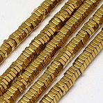 Electroplate Non-magnetic Synthetic Hematite Beads Strands, Hexagon, Grade A, Golden Plated, 4x1mm, Hole: 1mm, about 400pcs/strand, 16 inch(G-J165-4mm-02)