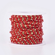 Handmade Glass Beaded Chains, Soldered, with Brass Findings, with Spool, Long-Lasting Plated, Golden, Cube, Red, 2.3~2.8x2.3~2.8x2.3~2.8mm, 2mm, about 32.8 Feet(10m)/roll(CHC-F008-A03)