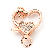 Brass Micro Pave Clear Cubic Zirconia Heart Lobster Claw Clasps, with Double Jump Rings, Cadmium Free & Lead Free, Rose Gold, 21mm, Hole: 3.5mm(KK-G416-35RG)