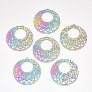 Ion Plating(IP) 304 Stainless Steel Filigree Big Pendants, Etched Metal Embellishments, Flat Round, Rainbow Color, 50x48.5x0.2mm, Hole: 1.5mm(X-STAS-S108-43)