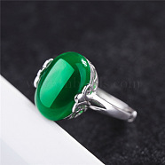 Oval Natural Green Onyx Agate Adjustable Ring, Platinum Brass Jewelry for Women, Inner Diameter: 16mm(FIND-PW0021-04C)