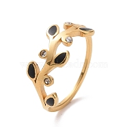 Crystal Rhinestone Leaf Finger Ring with Enamel, Ion Plating(IP) 304 Stainless Steel Jewelry for Women, Golden, US Size 6~9(16.5~18.9mm)(RJEW-D120-20G)