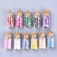 Glass Wishing Bottle Pendant Decorations, with Resin Rhinestone and Glass Micro Beads inside, Cork Stopper and Platinum Iron Screw Eye Pin Peg Bails, Mixed Color, 28~29x11mm, Hole: 2mm(X-GLAA-S181-07)