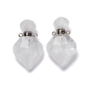Natural Quartz Crystal Perfume Bottle Pendants, Rock Crystal, with Platinum Brass Findings, Faceted, Rhombus, 27mm, Hole: 1.4mm(G-D058-11P-03)