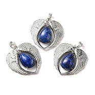 Natural Lapis Lazuli Teardrop Pendants, Wing Charms, with Rack Plating Platinum Plated Brass Findings, Lead Free & Cadmium Free, 36x34x8~8.5mm, Hole: 8x5mm(KK-K331-02P-10)