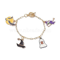 Witch & Ghost Alloy Enamel Charm Bracelets, Brass Paperclip Chain Bracelets for Women Men, Golden, 7-1/4 inch(18.5cm)(BJEW-JB10703)