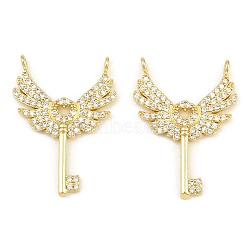 Brass Micro Pave Clear Cubic Zirconia Pendants, Key with Wing Charms, Rack Plating, Long-Lasting Plated, Lead Free & Cadmium Free, Golden, 27.5x20x1.8mm, Hole: 1.5mm(KK-CBA6A75-39G)